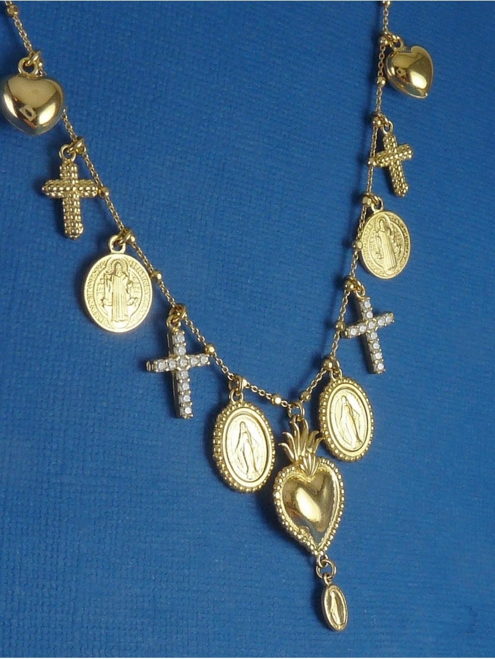 Gold Sacred Heart Charm Necklace with Coin and Crystal Cross Pendants - Picture 9 of 9